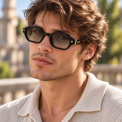 John Dalia Black Geometric Sunglasses with Grey Lenses & Gold Details