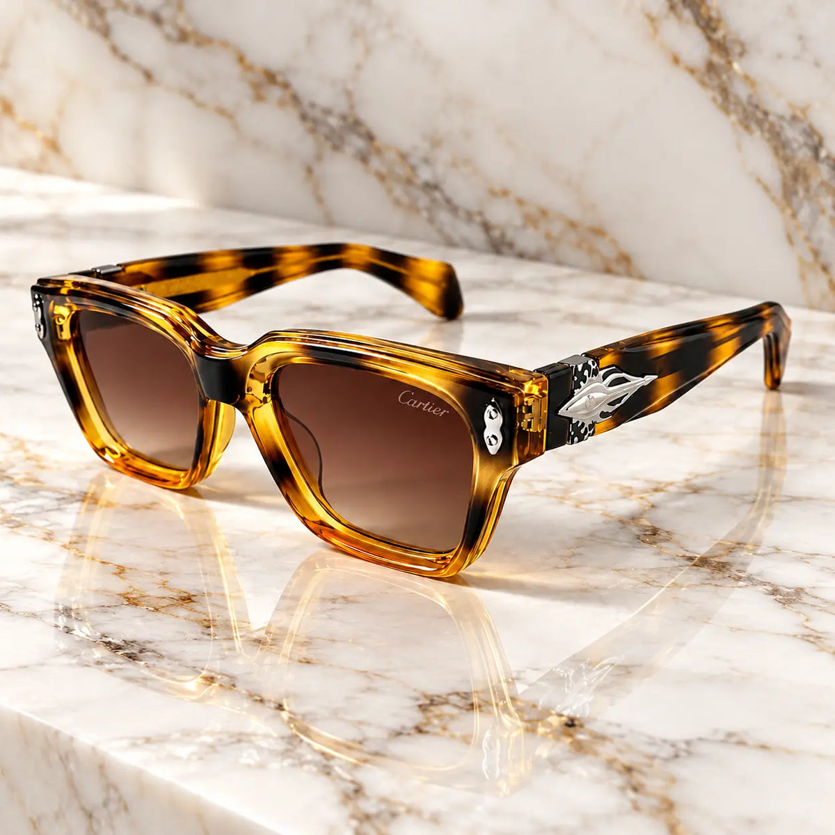Cartier Amber Tortoiseshell Square Sunglasses with Brown Gradient Lenses