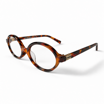 Miu Miu Tortoiseshell Oval Optical Eyeglasses with Gold Logo Detail