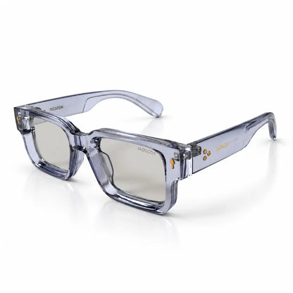 MOSCOT Ice Blue Photochromic Square Glasses – Clear to Dark Lenses